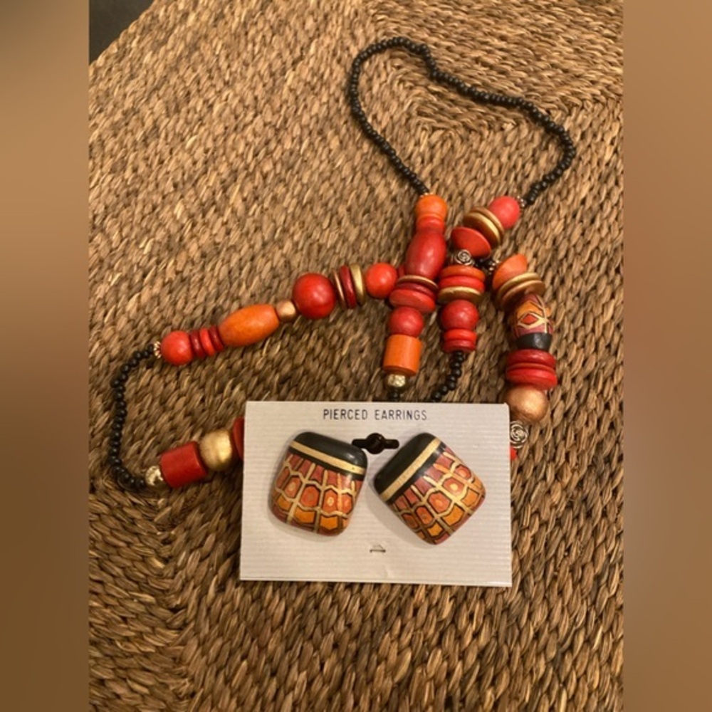 Hand Painted Wood Earrings & Necklace Set NEW